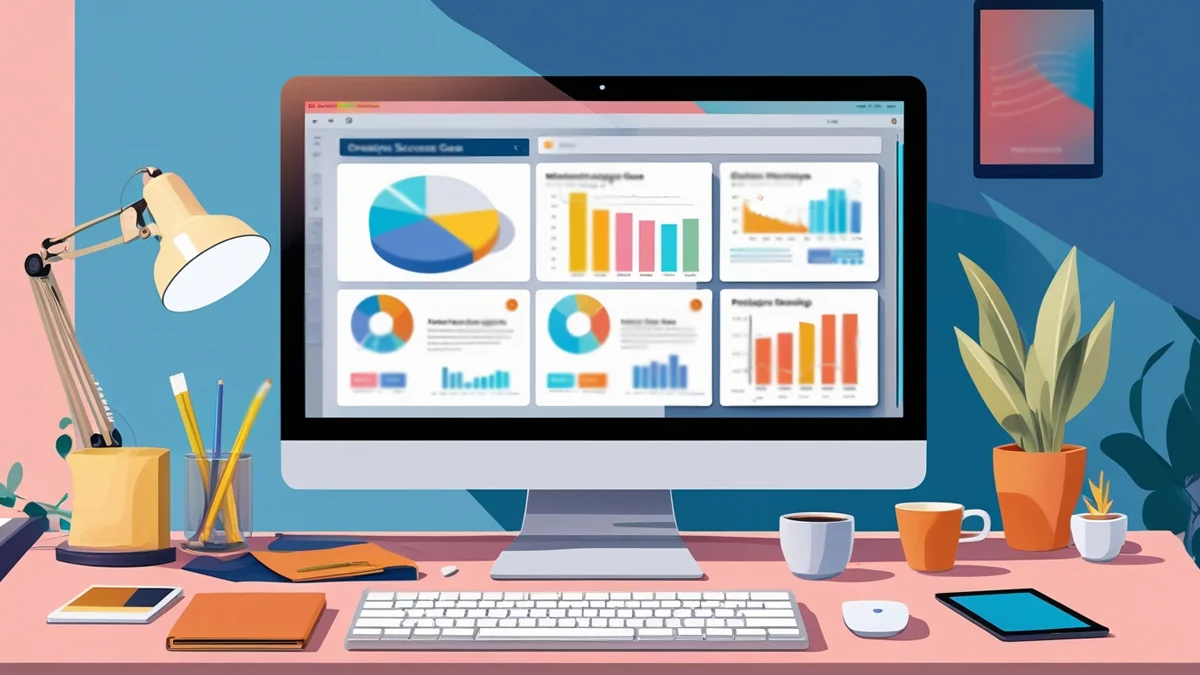 Um profissional de design trabalhando em seu computador, com a tela exibindo um case de sucesso de um portfólio online, destacando gráficos de resultados e o processo de UX.