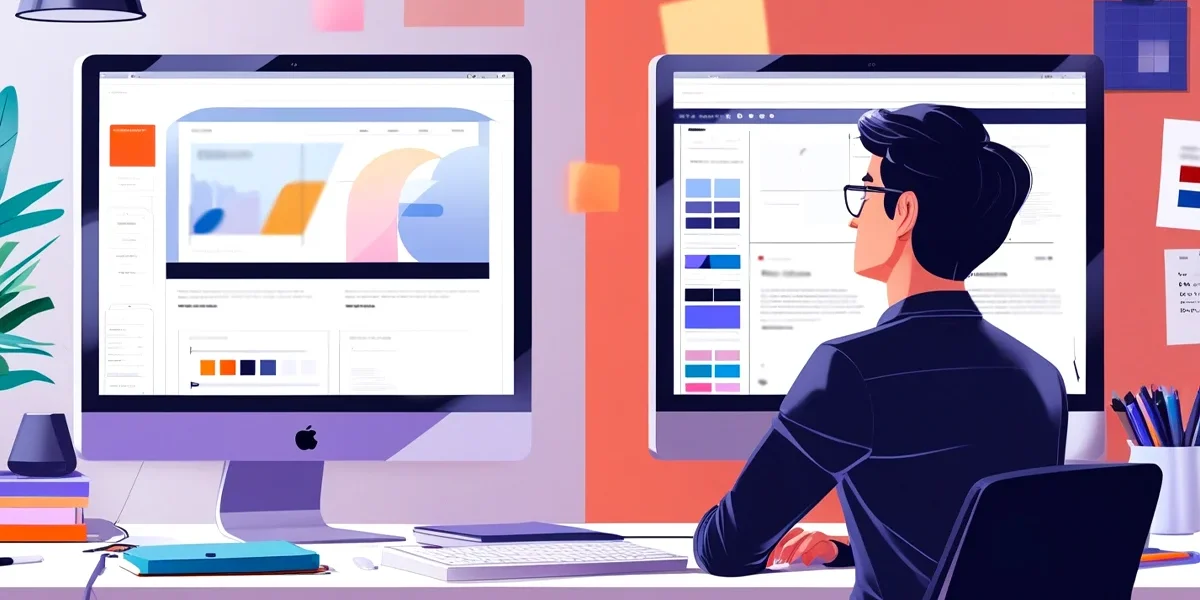 Imagem de um profissional de webdesign em seu escritório analisando criticamente a diferença entre o design minimalista de alta qualidade e o design simplista por preguiça, com foco em otimização de UX.