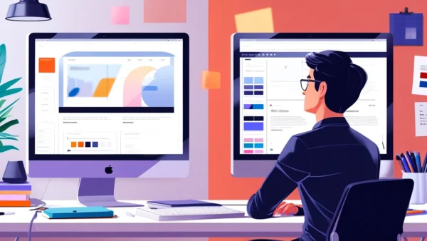 Imagem de um profissional de webdesign em seu escritório analisando criticamente a diferença entre o design minimalista de alta qualidade e o design simplista por preguiça, com foco em otimização de UX.