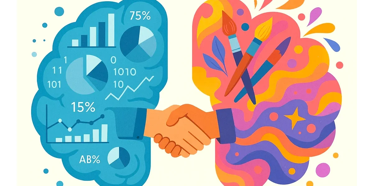 design-orientado-a-dados-analise-criatividade Imagem conceitual que ilustra a dicotomia entre dados e criatividade no design. À esquerda, um cérebro lógico com gráficos, números e ícones de análise de dados. À direita, um cérebro criativo com pincéis, cores e elementos artísticos. No centro, os dois se unem em um handshake, simbolizando a sinergia entre a abordagem analítica e a criativa para o design.