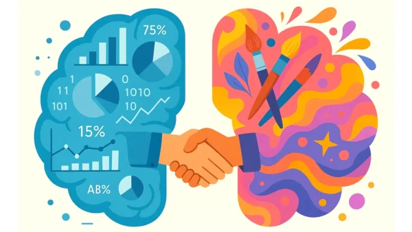 Imagem conceitual que ilustra a dicotomia entre dados e criatividade no design. À esquerda, um cérebro lógico com gráficos, números e ícones de análise de dados. À direita, um cérebro criativo com pincéis, cores e elementos artísticos. No centro, os dois se unem em um handshake, simbolizando a sinergia entre a abordagem analítica e a criativa para o design.