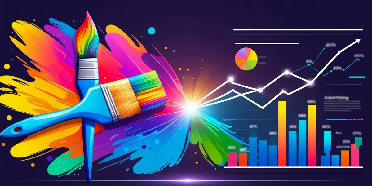 lustração que representa o equilíbrio entre a estética criativa (simbolizada por um pincel ou paleta de cores) e a performance de marketing digital (simbolizada por gráficos e métricas), destacando a sinergia em anúncios eficazes.