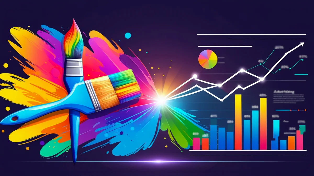 lustração que representa o equilíbrio entre a estética criativa (simbolizada por um pincel ou paleta de cores) e a performance de marketing digital (simbolizada por gráficos e métricas), destacando a sinergia em anúncios eficazes.