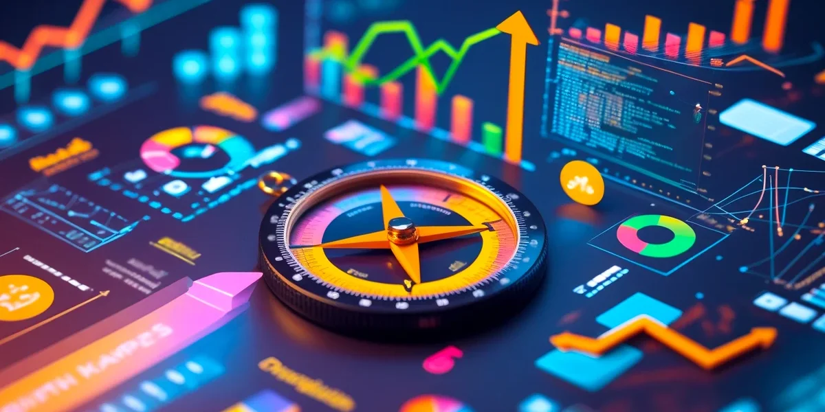 growth-hacking-design-otimizacao-estrategica Imagem conceitual que representa a fusão de design e growth hacking. No centro, uma bússola de design com um ícone de um lápis e uma régua é circundada por elementos digitais, como gráficos de crescimento, códigos e ícones de análise de dados. A imagem simboliza como a criatividade e a intuição do design podem ser guiadas e otimizadas por dados e experimentação para alcançar um crescimento estratégico e sustentável.