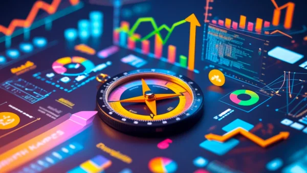 Imagem conceitual que representa a fusão de design e growth hacking. No centro, uma bússola de design com um ícone de um lápis e uma régua é circundada por elementos digitais, como gráficos de crescimento, códigos e ícones de análise de dados. A imagem simboliza como a criatividade e a intuição do design podem ser guiadas e otimizadas por dados e experimentação para alcançar um crescimento estratégico e sustentável.