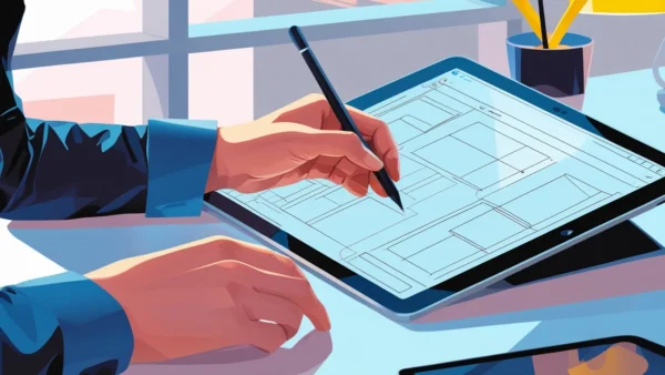 Mãos de um designer trabalhando em um protótipo de alta fidelidade em uma tela, representando a validação e o refinamento de ideias antes da apresentação ao cliente.