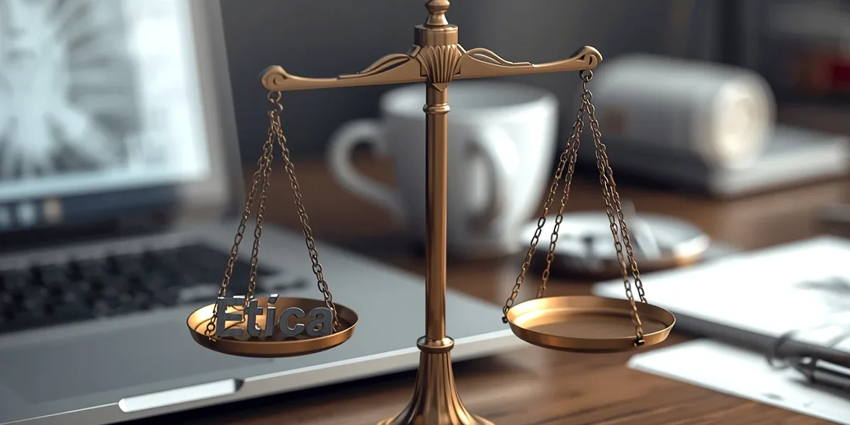 Ilustração conceitual de uma balança equilibrando as palavras 'Ética' e 'Lucro' sobre a mesa de trabalho de um designer, simbolizando a responsabilidade e os dilemas na publicidade digital.