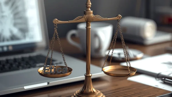 Ilustração conceitual de uma balança equilibrando as palavras 'Ética' e 'Lucro' sobre a mesa de trabalho de um designer, simbolizando a responsabilidade e os dilemas na publicidade digital.