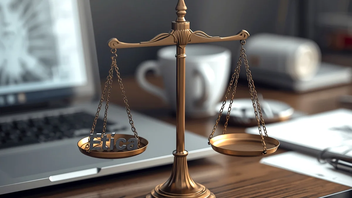 Ilustração conceitual de uma balança equilibrando as palavras 'Ética' e 'Lucro' sobre a mesa de trabalho de um designer, simbolizando a responsabilidade e os dilemas na publicidade digital.