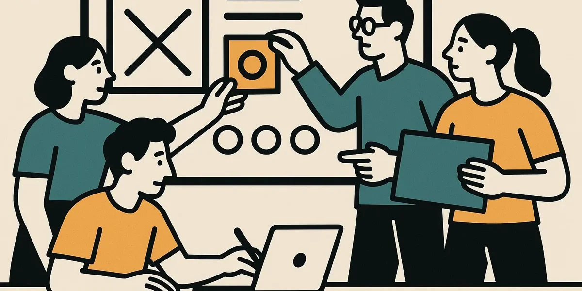 Ilustração de vários designers colaborando em uma interface de usuário coesa, simbolizando a importância da consistência visual para a identidade da marca.