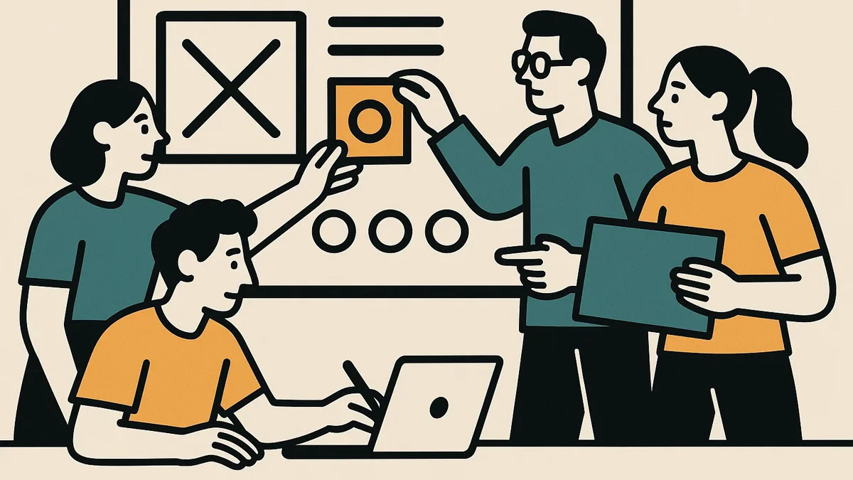 Ilustração de vários designers colaborando em uma interface de usuário coesa, simbolizando a importância da consistência visual para a identidade da marca.