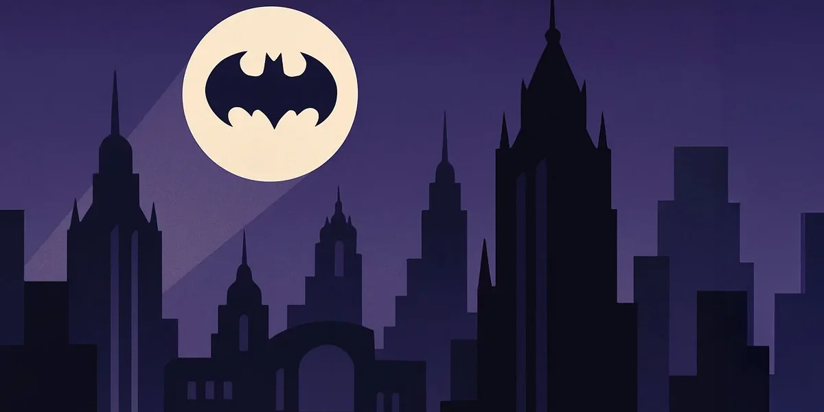 Vista panorâmica da maquete de Gotham City do filme Batman de 1989, exibindo sua arquitetura gótica e expressionista opressora criada pelo designer Anton Furst.