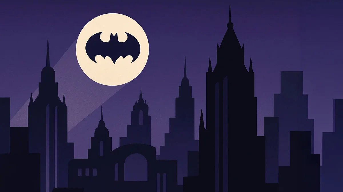 Vista panorâmica da maquete de Gotham City do filme Batman de 1989, exibindo sua arquitetura gótica e expressionista opressora criada pelo designer Anton Furst.