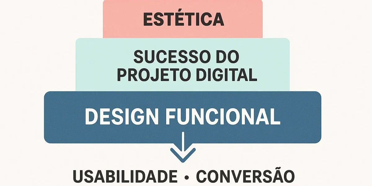 Gráfico conceitual mostrando que o design funcional é a base para o sucesso de um projeto digital, superando a mera estética e focando na usabilidade e conversão.