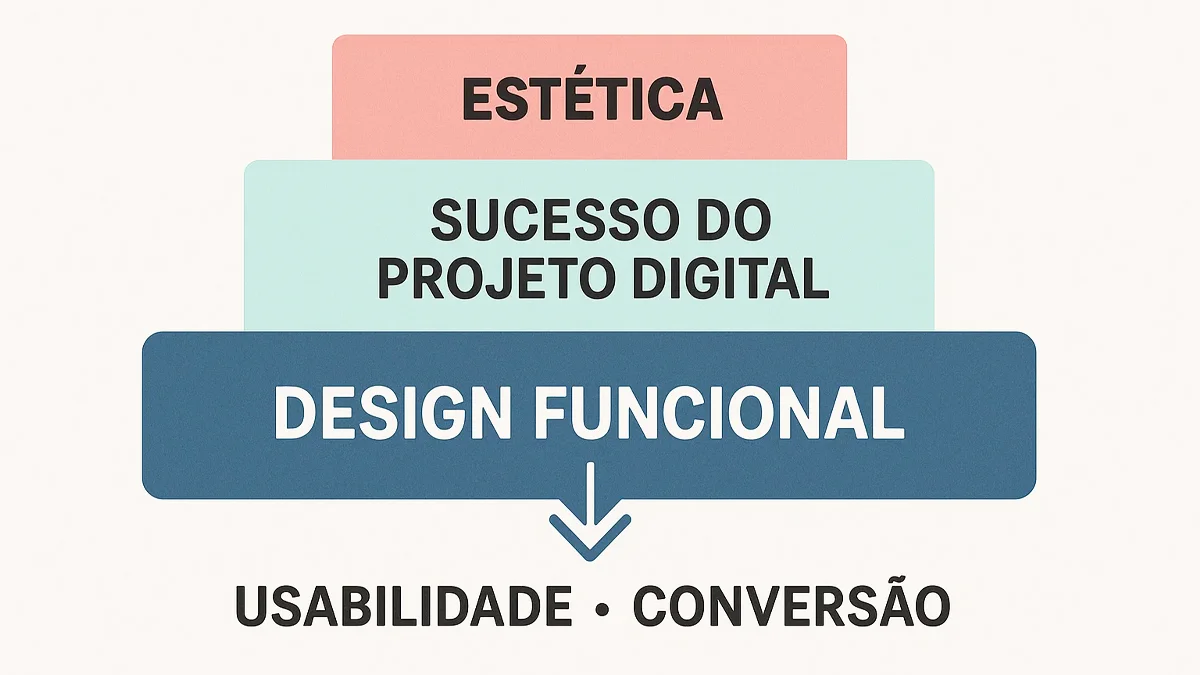 Gráfico conceitual mostrando que o design funcional é a base para o sucesso de um projeto digital, superando a mera estética e focando na usabilidade e conversão.