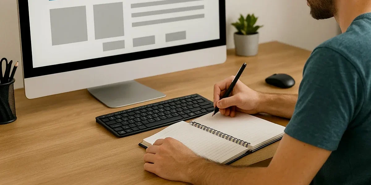 Um designer sentado em uma mesa de trabalho, olhando para uma tela que mostra um layout de site e fazendo anotações em um caderno, simbolizando a fusão das habilidades de design e escrita.