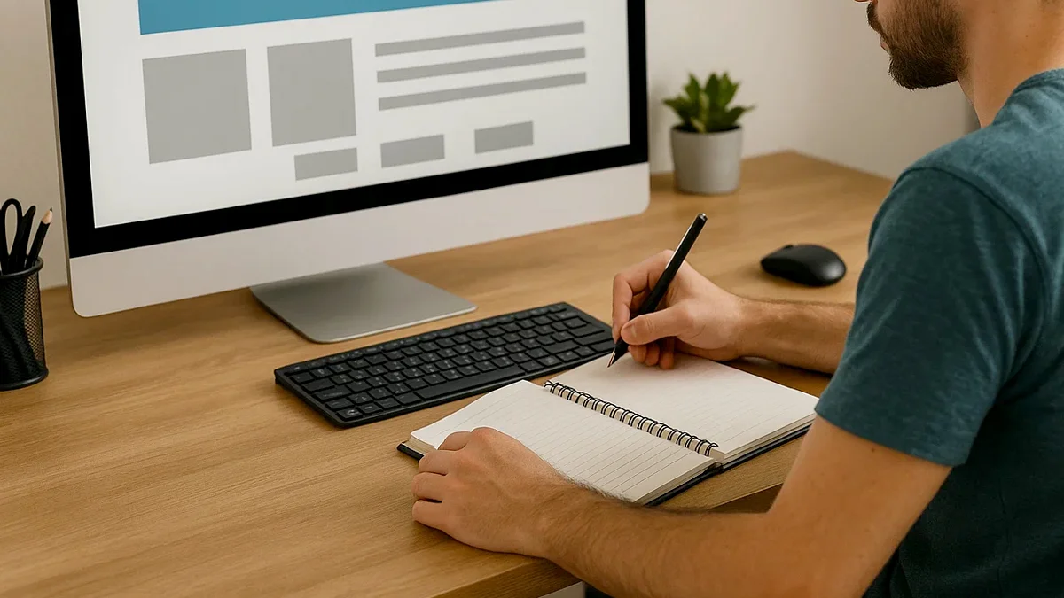Um designer sentado em uma mesa de trabalho, olhando para uma tela que mostra um layout de site e fazendo anotações em um caderno, simbolizando a fusão das habilidades de design e escrita.