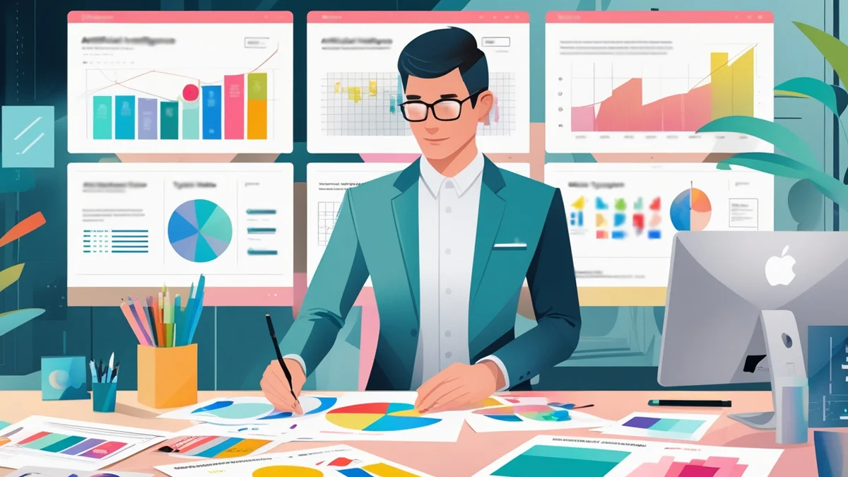 Um designer profissional trabalhando em um projeto de branding complexo em uma mesa, enquanto em segundo plano, telas mostram interfaces de ferramentas de inteligência artificial, ilustrando o contraste entre o pensamento estratégico humano e a execução automatizada.