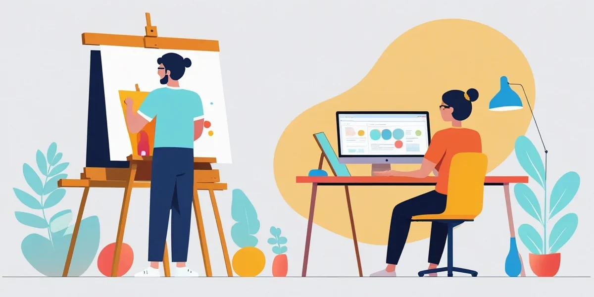 De um lado, um projeto de interface de aplicativo mostrando clareza e funcionalidade; do outro, uma pintura abstrata com pinceladas expressivas, ilustrando a diferença entre design orientado a soluções e a arte focada na expressão.