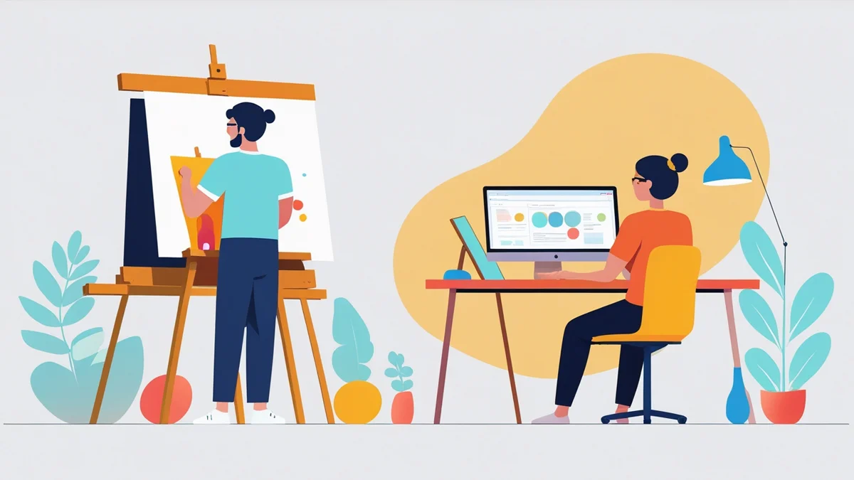 De um lado, um projeto de interface de aplicativo mostrando clareza e funcionalidade; do outro, uma pintura abstrata com pinceladas expressivas, ilustrando a diferença entre design orientado a soluções e a arte focada na expressão.