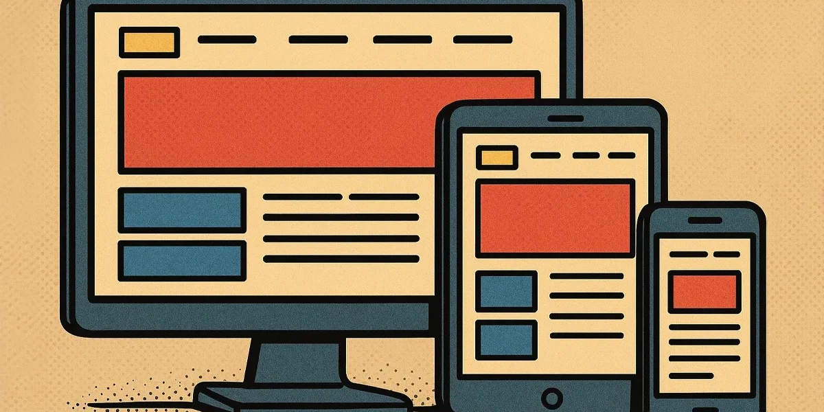 layout-de-site-se-adaptando-a-desktop-tablet-e-smartphone Ilustração mostrando o mesmo design de um website sendo exibido de forma otimizada e coesa em três telas diferentes: um monitor de desktop, um tablet e um smartphone, demonstrando o conceito de design responsivo.