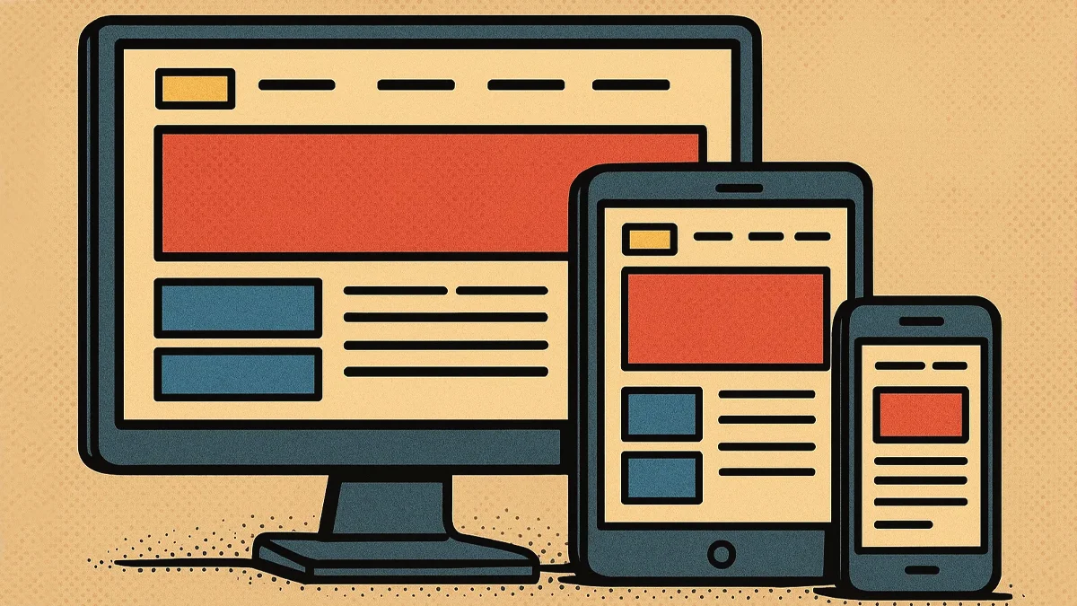 Ilustração mostrando o mesmo design de um website sendo exibido de forma otimizada e coesa em três telas diferentes: um monitor de desktop, um tablet e um smartphone, demonstrando o conceito de design responsivo.