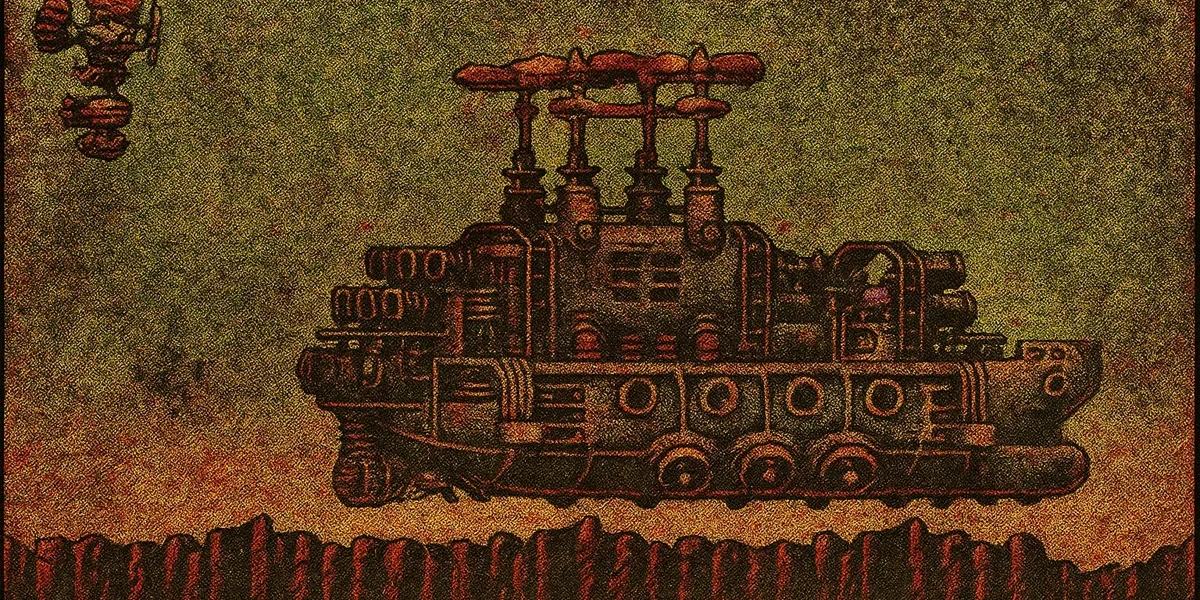 steel-empire Cena de gameplay do jogo Steel Empire no Mega Drive, mostrando uma nave em estilo steampunk sobrevoando uma cidade industrial com forte estética retrofuturista e inimigos mecânicos.