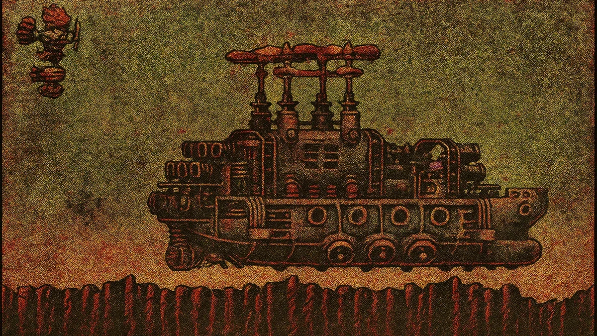 Cena de gameplay do jogo Steel Empire no Mega Drive, mostrando uma nave em estilo steampunk sobrevoando uma cidade industrial com forte estética retrofuturista e inimigos mecânicos.