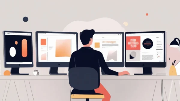 Designer estratégico analisando dados e gráficos de negócios (KPIs) e elementos de UX em um monitor, demonstrando a abordagem de solução de problemas e não apenas estética.