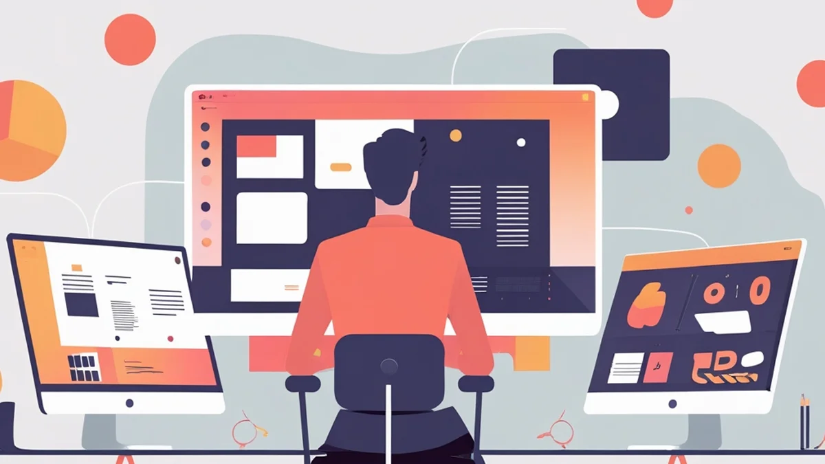 Um designer gráfico em frente a múltiplos monitores, cada um exibindo um estilo de design completamente diferente, demonstrando versatilidade profissional e adaptabilidade criativa.