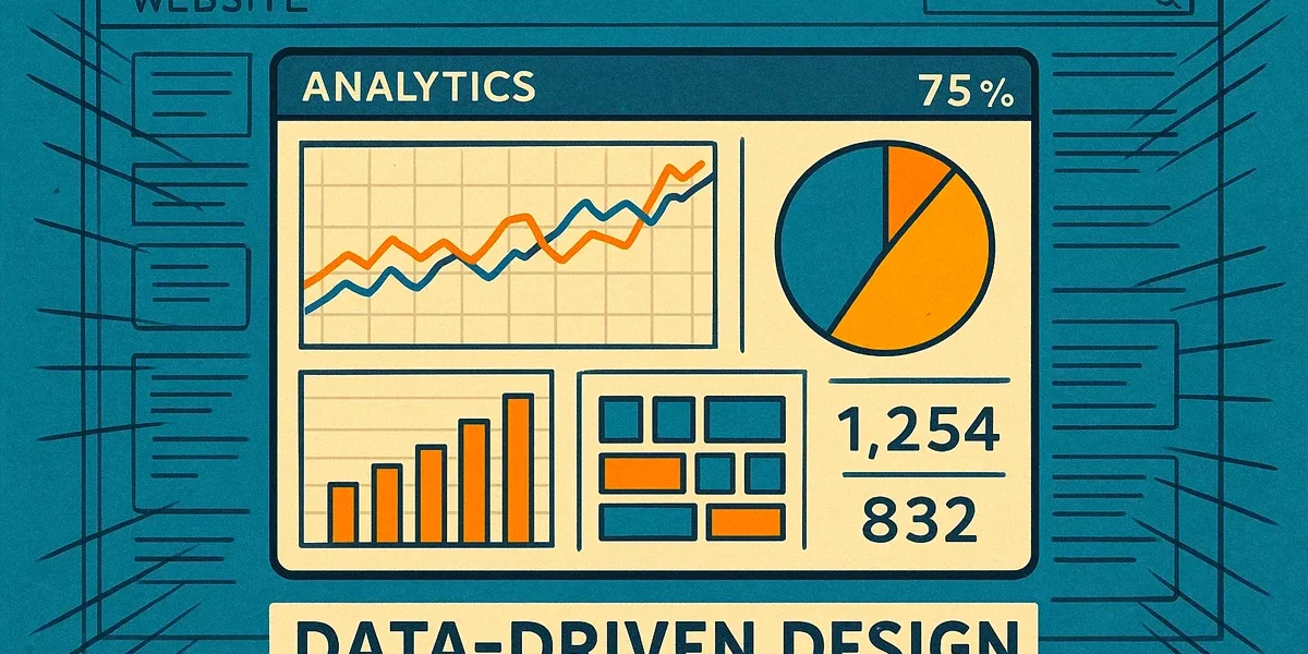 Um dashboard de análise de dados (analytics) sobreposto a um wireframe de website, ilustrando o conceito de design orientado por dados e sua aplicação na melhoria da experiência do usuário (UX).