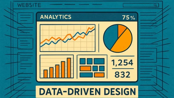 Um dashboard de análise de dados (analytics) sobreposto a um wireframe de website, ilustrando o conceito de design orientado por dados e sua aplicação na melhoria da experiência do usuário (UX).