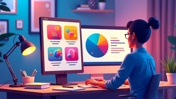 Designer olhando para um monitor com paletas de cores, representando a psicologia das cores na influência do design e da conversão.