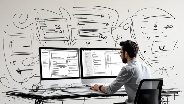 Um designer profissional trabalhando em uma interface digital, simbolizando a conexão estratégica entre a complexidade tecnológica (códigos e dados) e a facilidade de uso para pessoas (UX/UI).