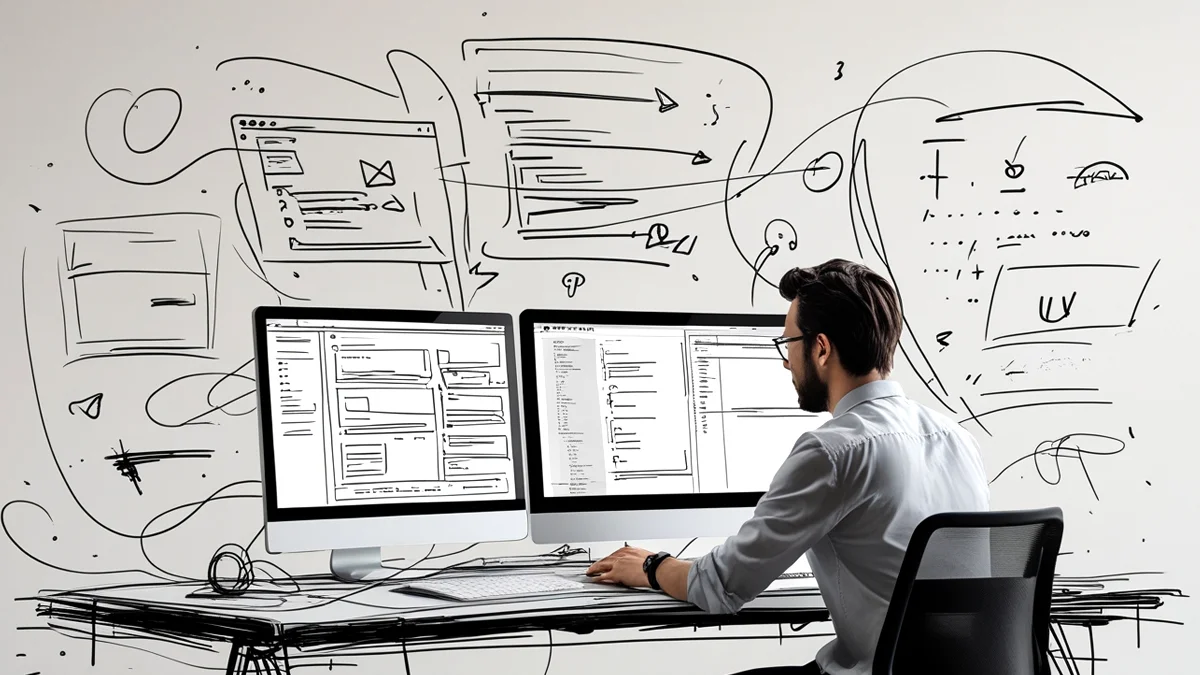 Um designer profissional trabalhando em uma interface digital, simbolizando a conexão estratégica entre a complexidade tecnológica (códigos e dados) e a facilidade de uso para pessoas (UX/UI).