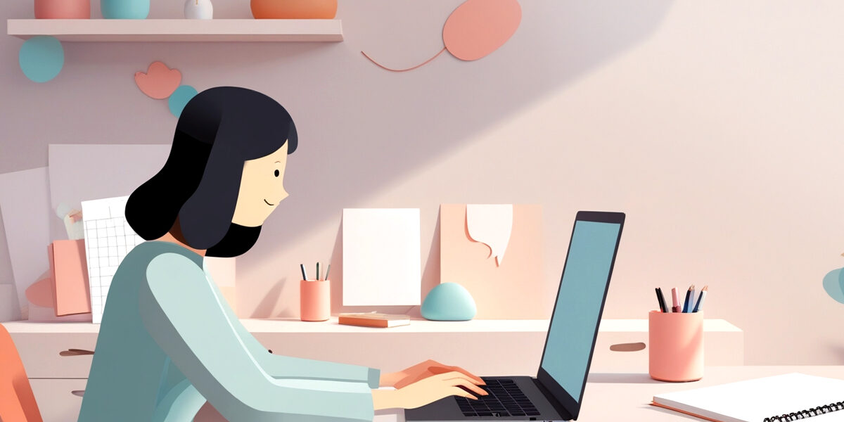 Designer trabalhando em escritório home office digitando em laptop, com caderno de anotações e esboços ao lado, focando em estratégia de conteúdo.