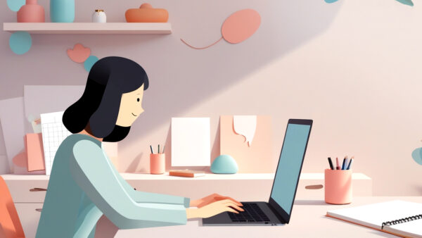 Designer trabalhando em escritório home office digitando em laptop, com caderno de anotações e esboços ao lado, focando em estratégia de conteúdo.