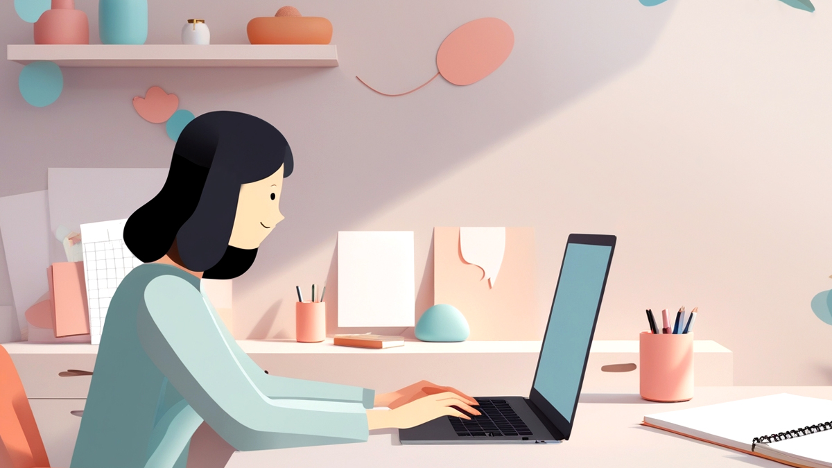 Designer trabalhando em escritório home office digitando em laptop, com caderno de anotações e esboços ao lado, focando em estratégia de conteúdo.