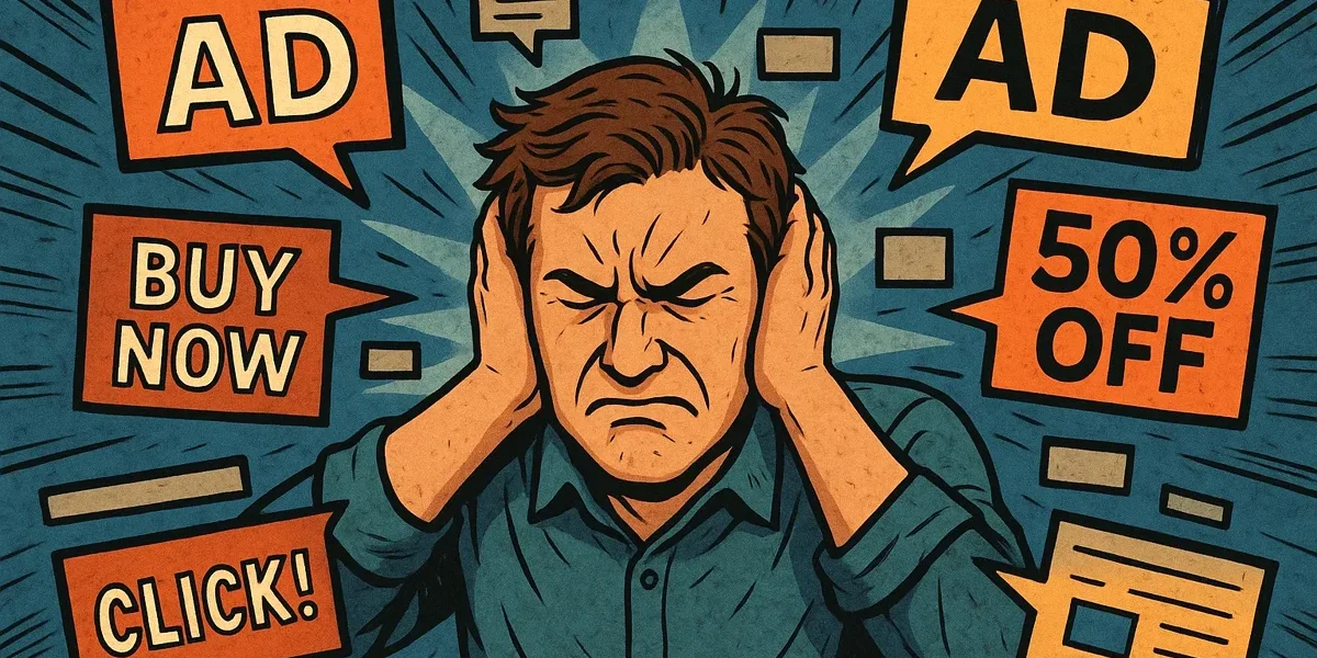 Uma ilustração conceitual mostrando um consumidor frustrado, cobrindo os ouvidos para bloquear o "ruído" de múltiplos anúncios digitais irrelevantes, destacando a ideia de publicidade sem propósito e a perda de relevância da marca.