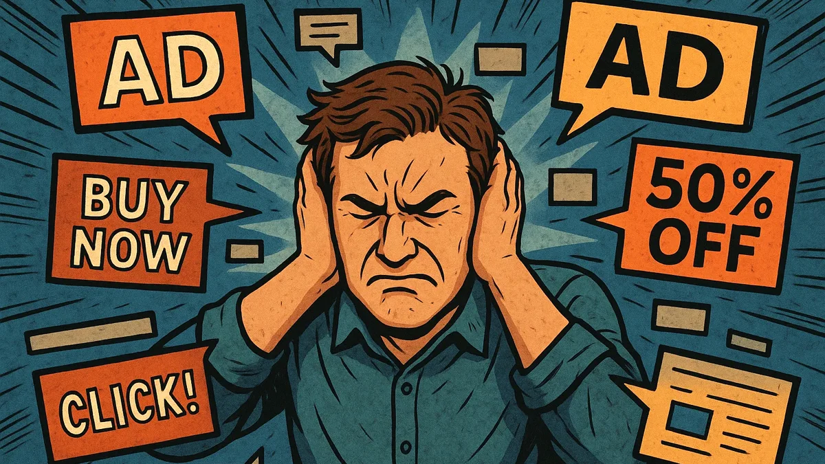 Uma ilustração conceitual mostrando um consumidor frustrado, cobrindo os ouvidos para bloquear o "ruído" de múltiplos anúncios digitais irrelevantes, destacando a ideia de publicidade sem propósito e a perda de relevância da marca.