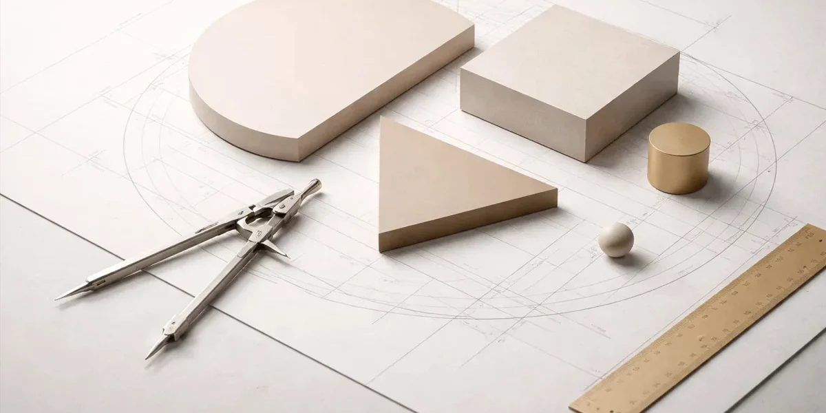 Representação abstrata de design estratégico unindo elementos de branding e interface digital de forma harmoniosa.