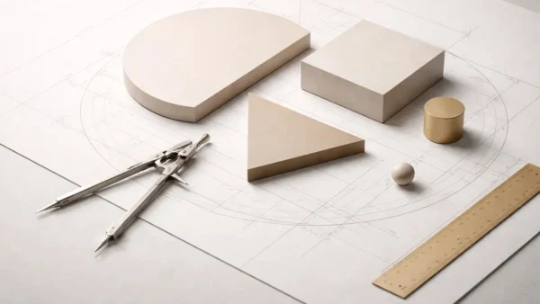 Representação abstrata de design estratégico unindo elementos de branding e interface digital de forma harmoniosa.