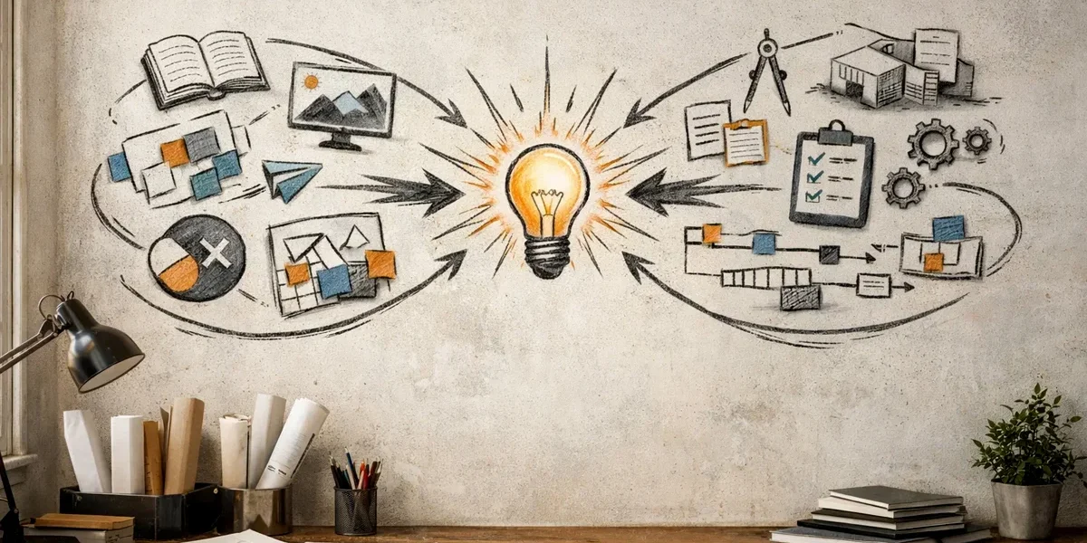 Gráfico conceitual ilustrando o processo de síntese criativa entre referências externas e experiência profissional.