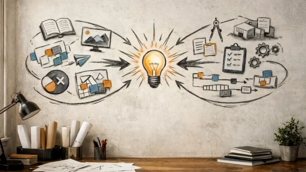 Gráfico conceitual ilustrando o processo de síntese criativa entre referências externas e experiência profissional.