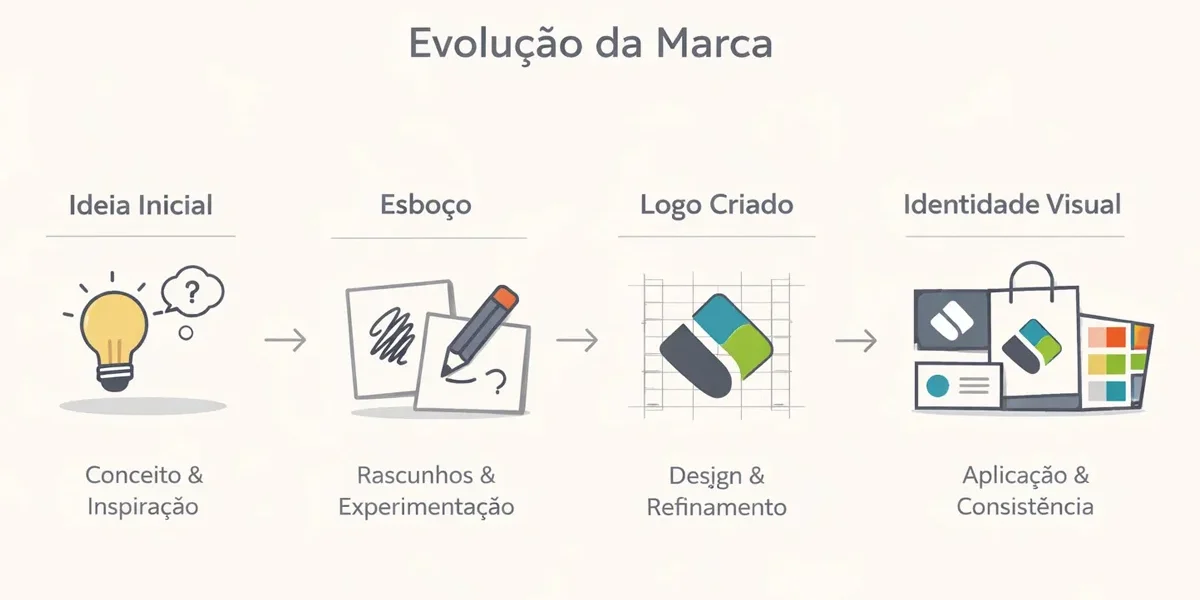 Infográfico minimalista simbolizando a evolução de uma marca, desde o conceito inicial até a maturidade visual.