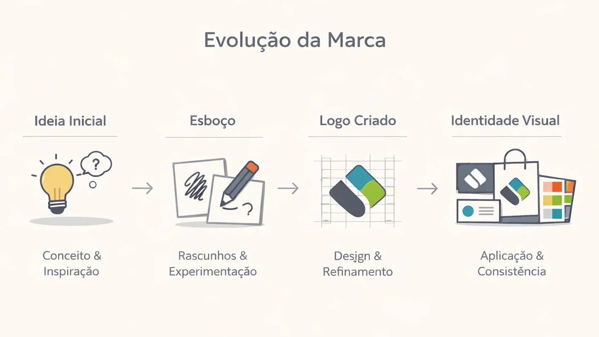 Infográfico minimalista simbolizando a evolução de uma marca, desde o conceito inicial até a maturidade visual.