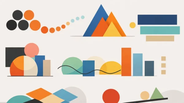 Representação gráfica de elementos de design demonstrando princípios de Gestalt, hierarquia visual e equilíbrio cromático.