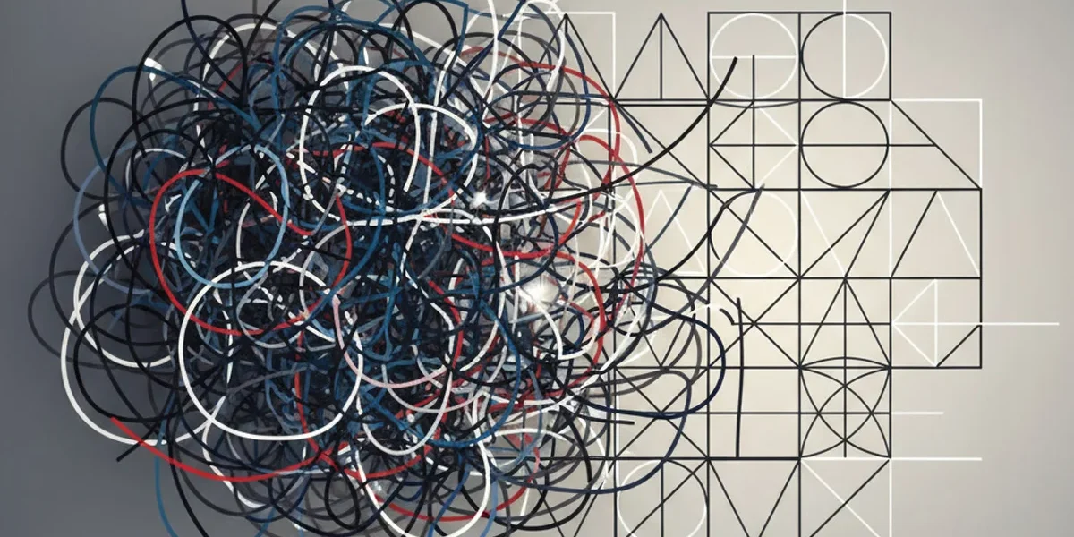 Ilustração conceitual mostrando o caos de linhas desordenadas à esquerda se transformando em formas geométricas organizadas e lineares à direita.