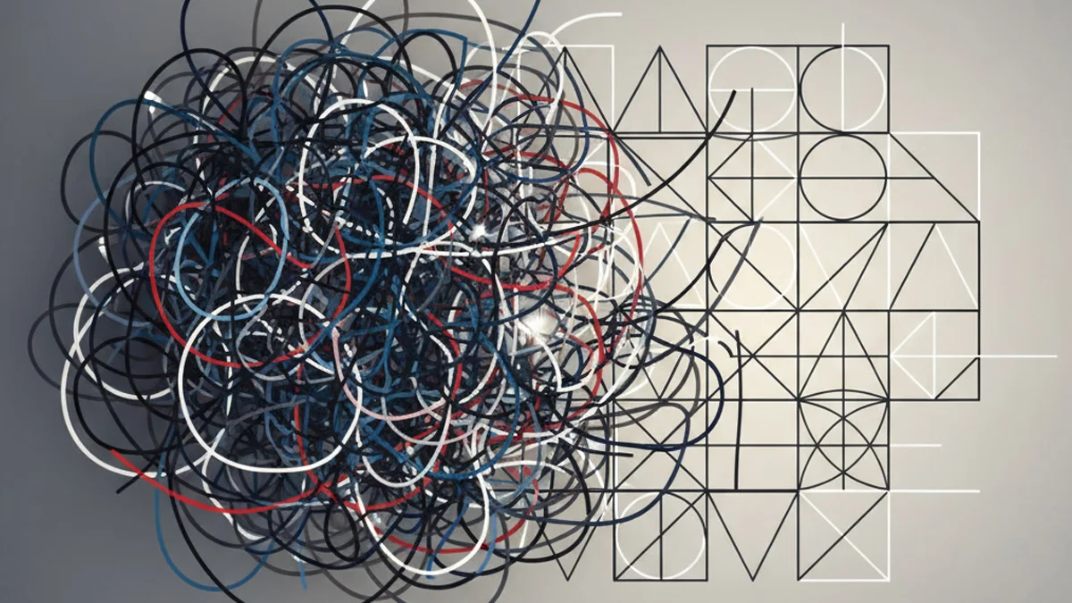 Ilustração conceitual mostrando o caos de linhas desordenadas à esquerda se transformando em formas geométricas organizadas e lineares à direita.