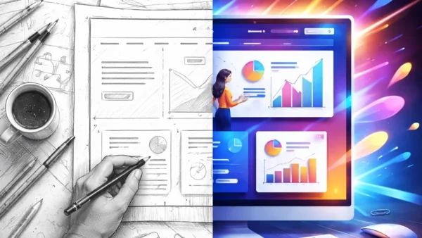 Uma composição visual equilibrada mostrando o contraste entre um rascunho de design planejado e uma execução digital acelerada.
